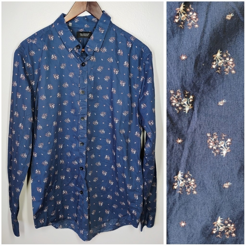 7 Diamonds Shirt Mens Large Blue Rustic‎ Floral Print Long Sleeve Formal Casual